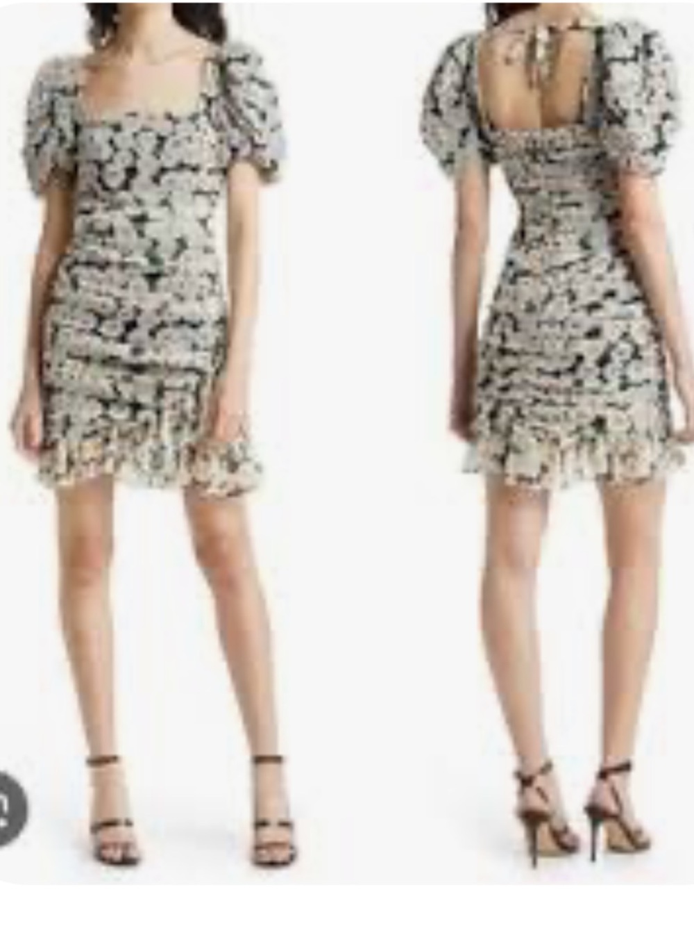 Charles Henry Popover Floral Puff-Sleeve Mini Dress - White/Black. Large